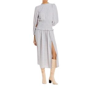 NWT floral midi dress small long sleeve blue floral smocked slit fairy high neck